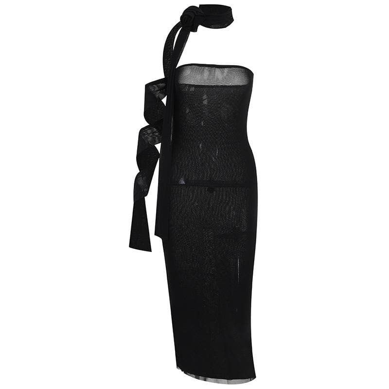 One Shoulder Rosette Tie Bodycon Maxi Dress - View 2