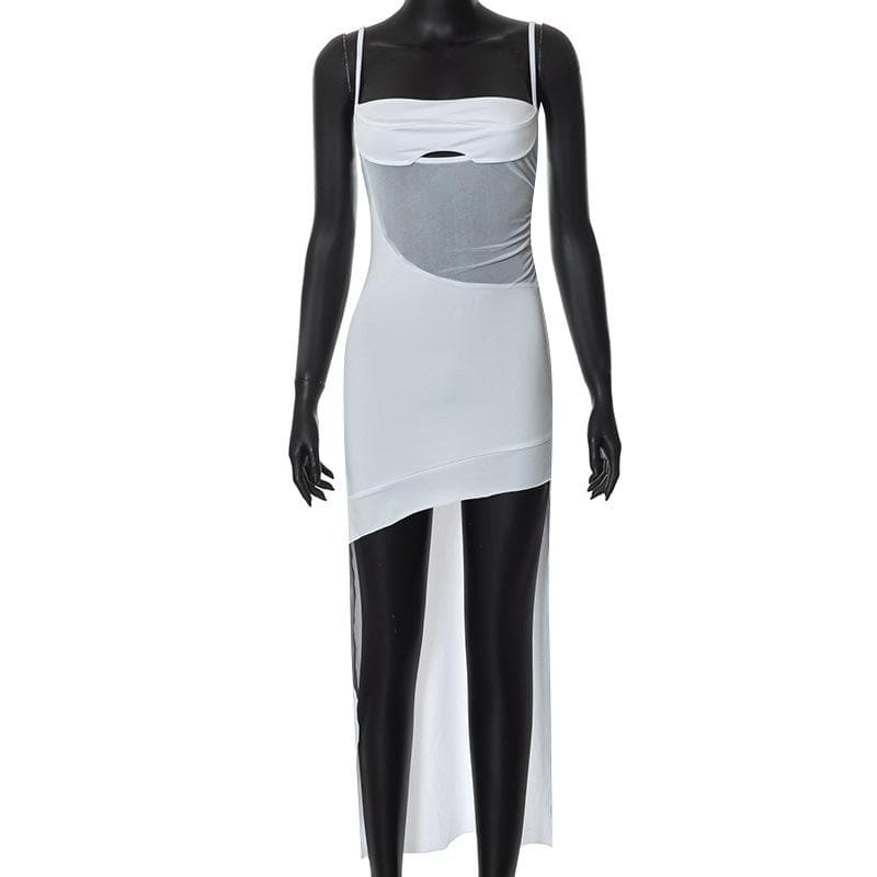Solid irregular hollow out mesh backless cami mini dress - View 2