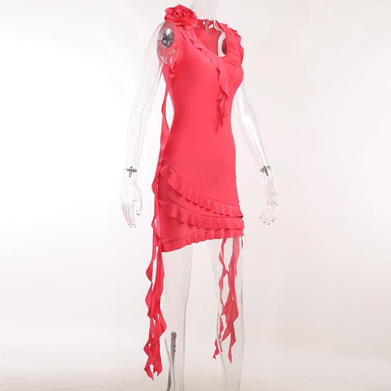V-Neck Sleeveless Ruffle Flower Applique Asymmetric Mini Dress - View 3