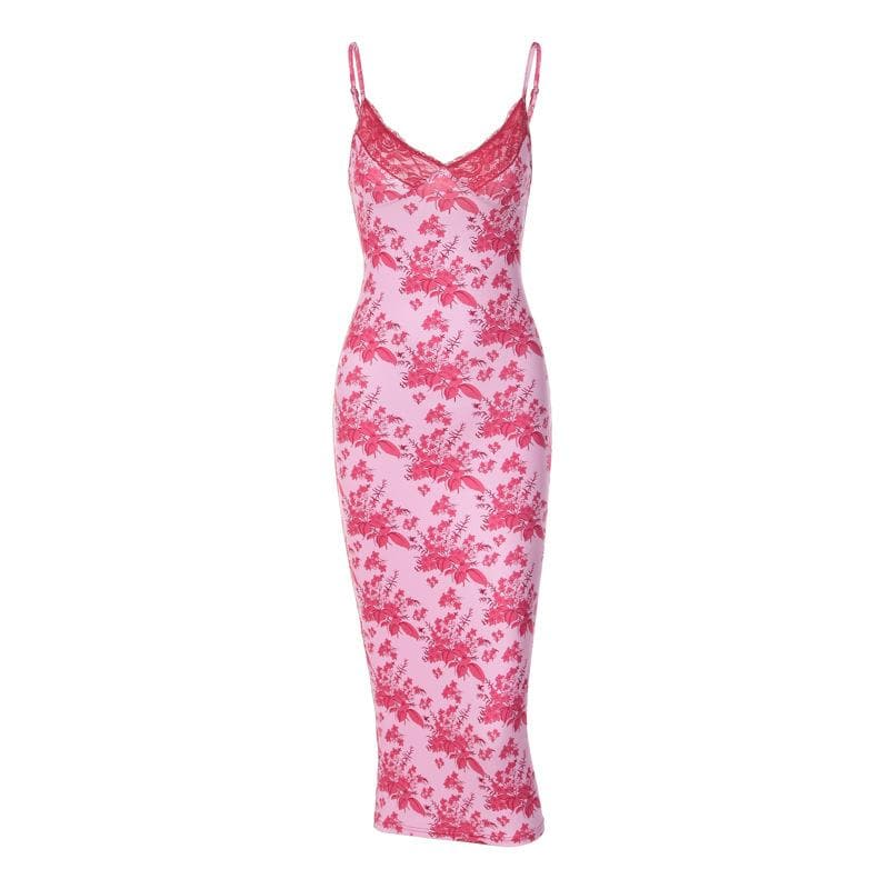 Floral Print Lace Trim V-Neck Spaghetti Strap Bodycon Midi Dress - View 9