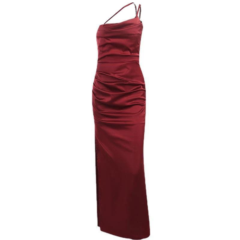 Solid satin ruched one shoulder slit midi dress