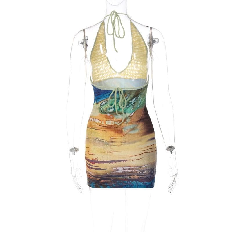 Contrast Print Knit Halter Neck Bodycon Mini Dress - View 4
