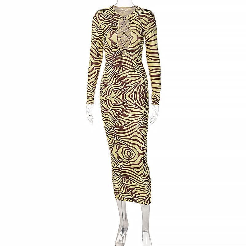 Long sleeve lace up zebra print midi dress - View 2