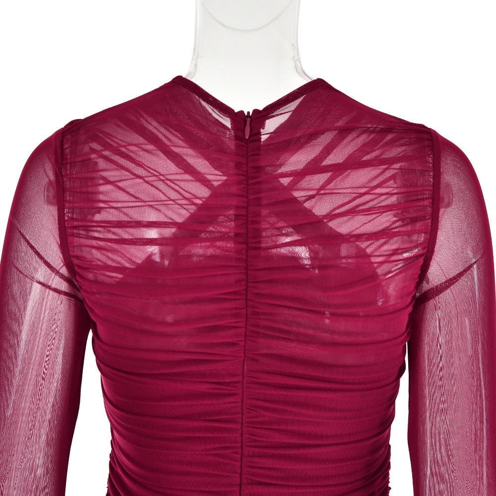 Cross Front Mesh Ruched Long Sleeve Mini Dress - View 7