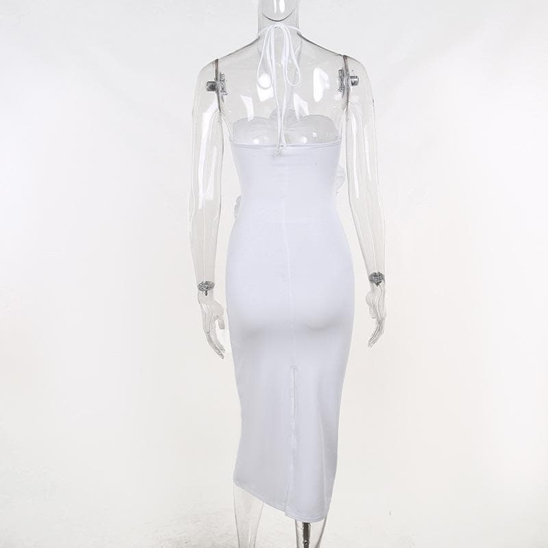 Halter Neck 3D Rose Cut Out Ruched Bodycon Maxi Dress - View 6