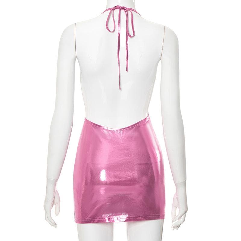 Metallic Halter Neck Backless O Ring Strappy Bodycon Mini Dress - View 5