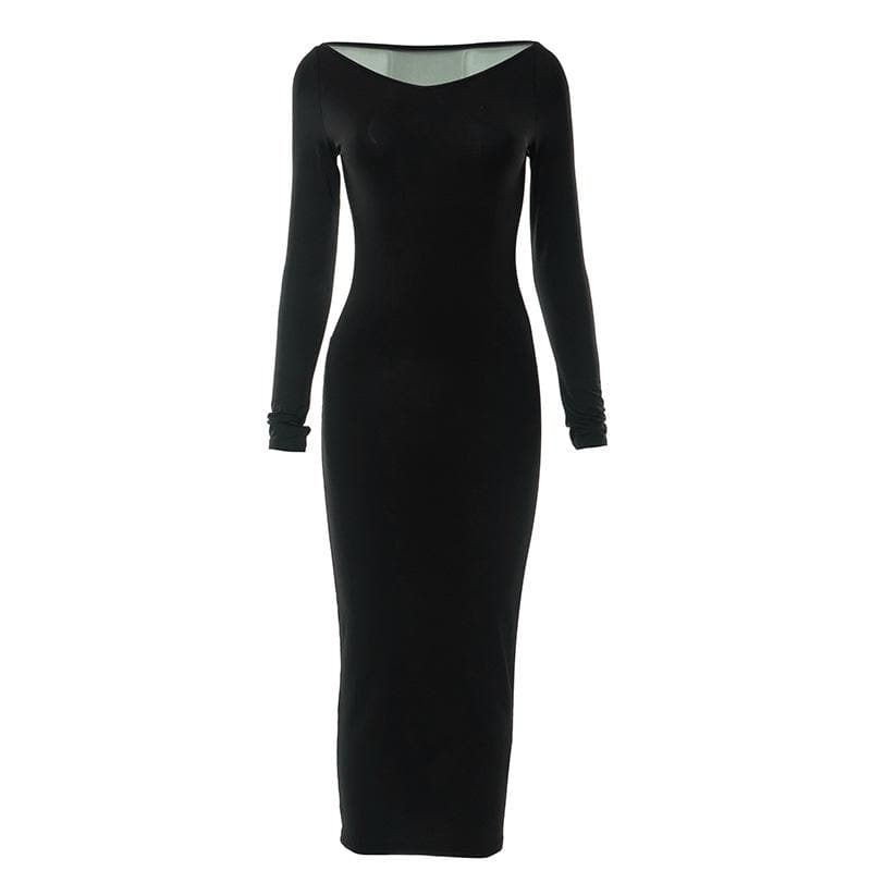 Patchwork mesh long sleeve contrast v neck midi dress - View 8