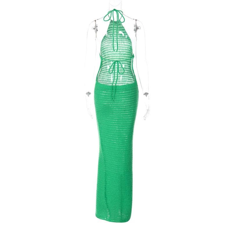 Crochet solid halter backless self tie maxi dress - View 3