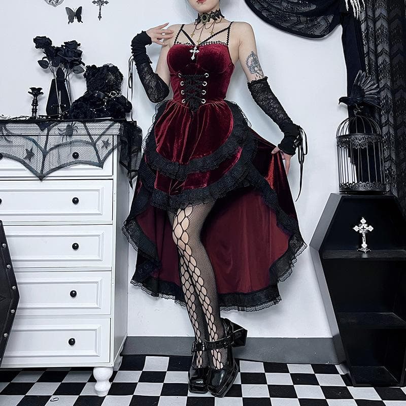 Velvet lace hem ruched lace up backless irregular midi dress - View 2
