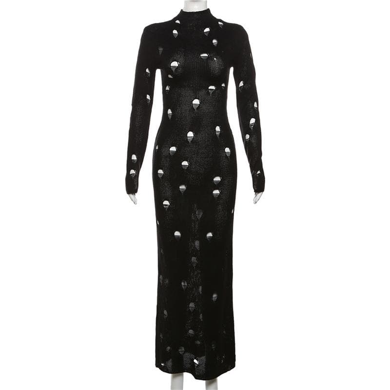Crochet solid long sleeve high neck lace up maxi dress - View 2