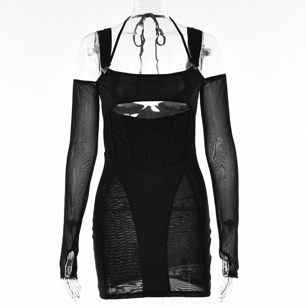 Mesh Square Neck Long Sleeve Corset Cut Out Bodycon Mini Dress - View 4