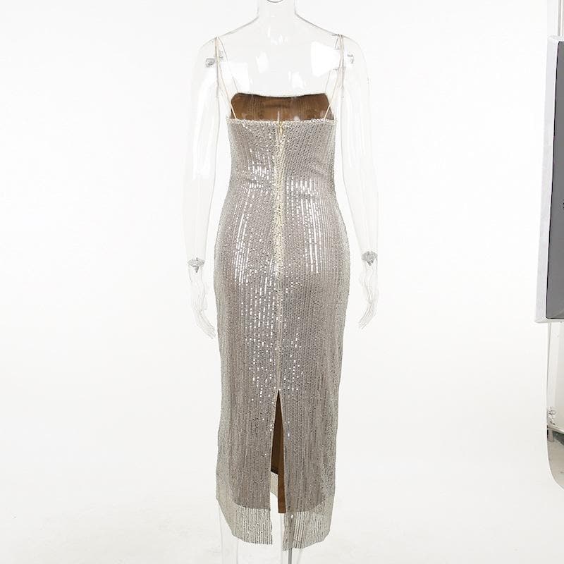 Glitter spaghetti strap zip-up slit backless midi dress - View 3