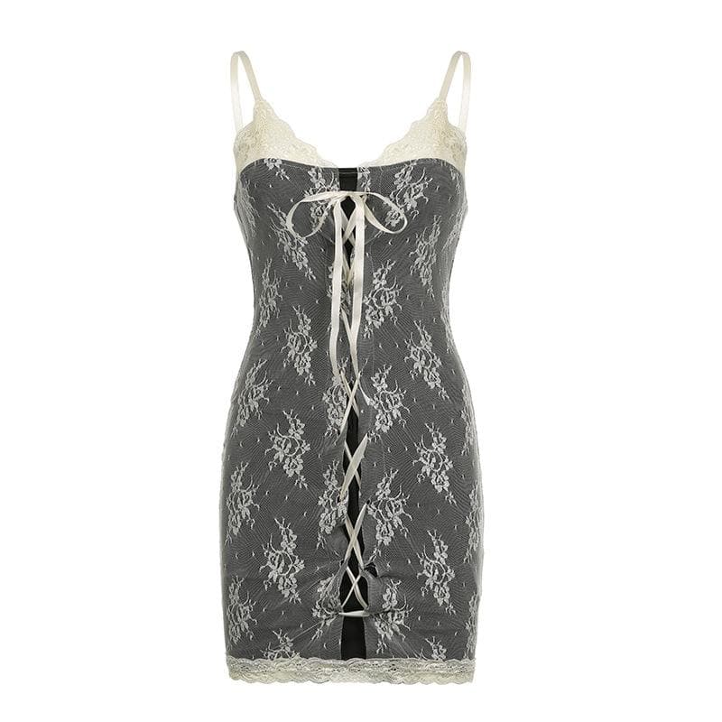 Lace contrast lace up v neck backless 2 piece cami dress - View 2