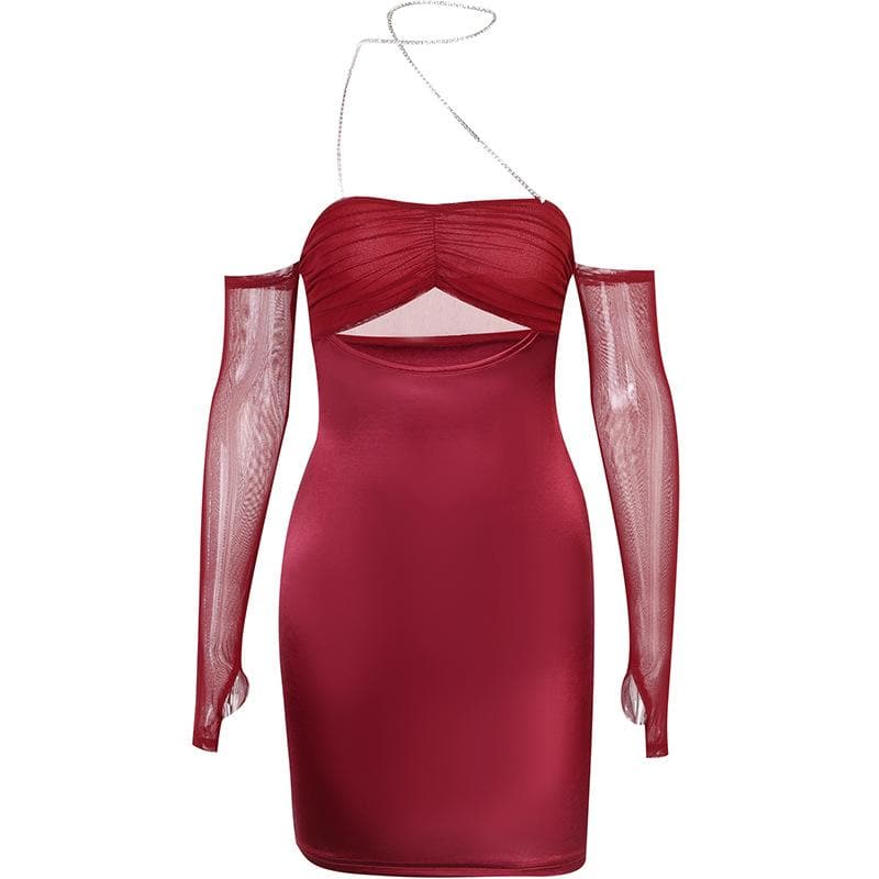 Mesh Glove Halter Neck Cut Out Ruched Bodycon Mini Dress