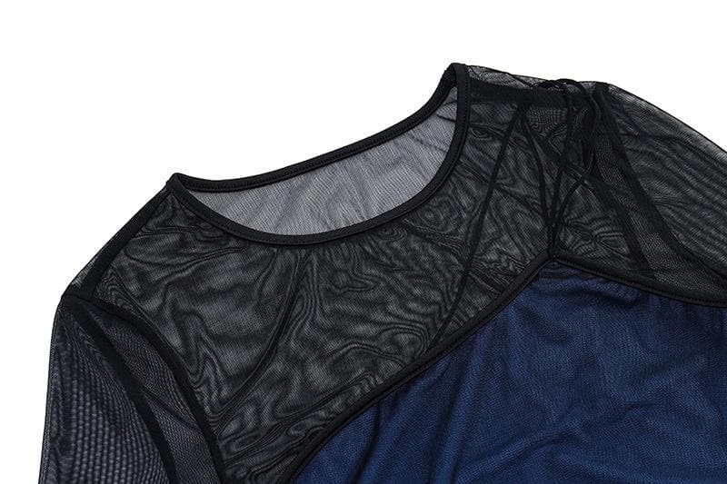Long sleeve gloves mesh patchwork stitch contrast mini dress - View 5