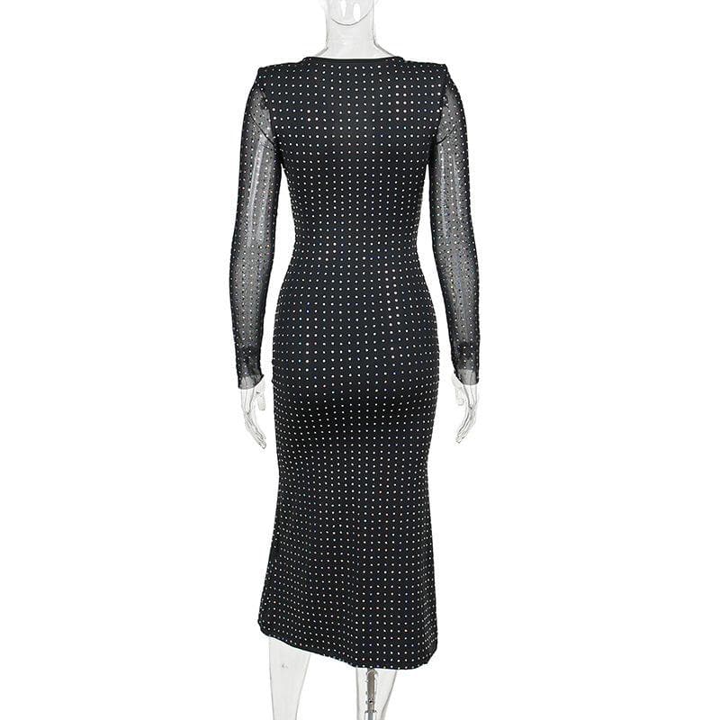 Polka dot contrast hollow out long sleeve mesh midi dress - View 4