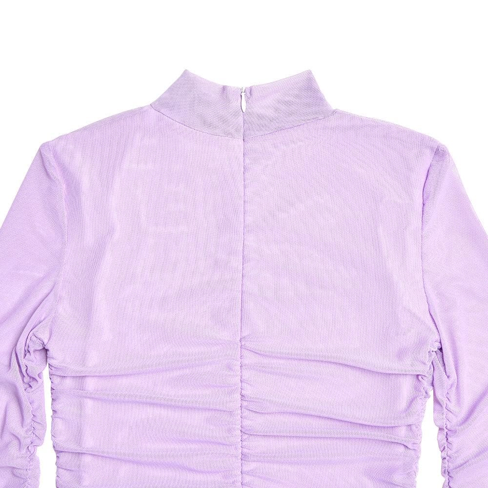 Mesh ruched zip-up long sleeve solid high neck mini dress - View 6