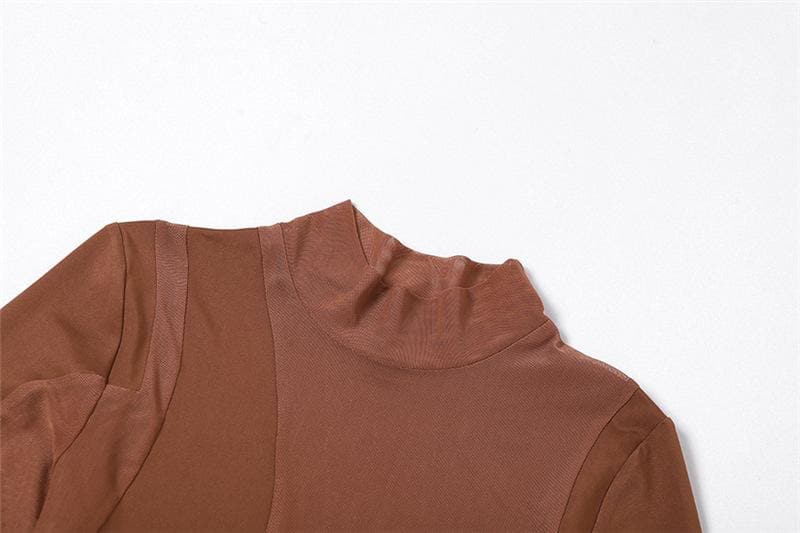 Long sleeve irregular high neck solid mesh mini dress - View 4