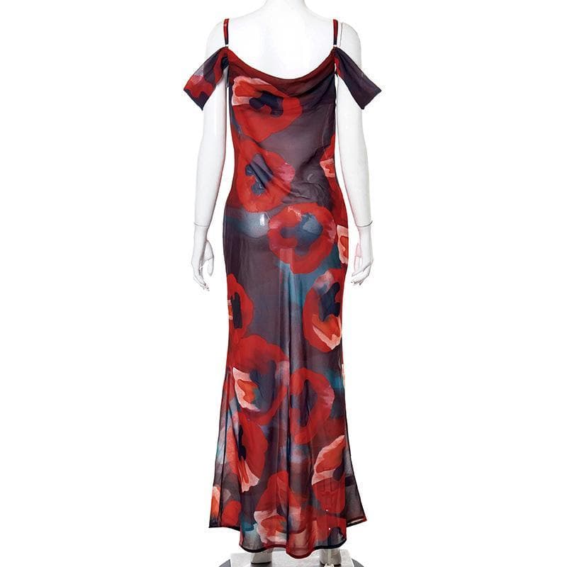 Off shoulder see through chiffon print maxi dress - View 4