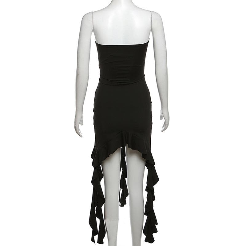 Lace up solid ruffle backless irregular tube mini dress - View 4