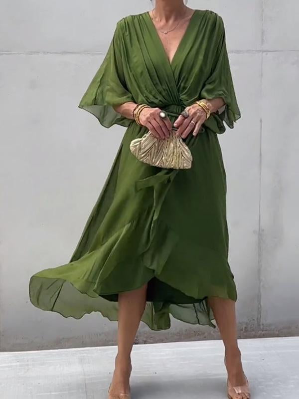 Chiffon Deep V-Neck Batwing Sleeve Tie Waist Ruffle Hem Midi Dress - View 11
