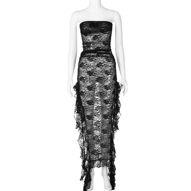 Slit ribbon lace see through solid tube maxi dress - View 8