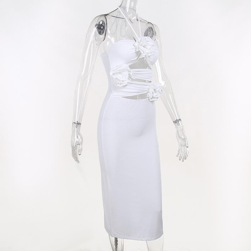 Halter Neck 3D Rose Cut Out Ruched Bodycon Maxi Dress - View 10