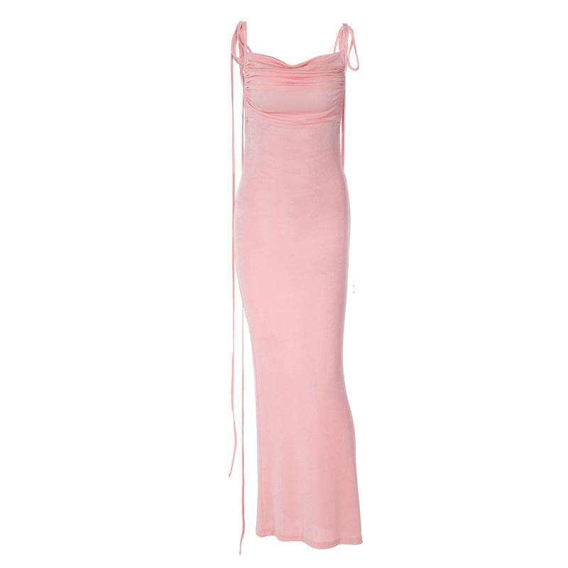 Ruched solid lace up backless cowl neck maxi dress - View 3