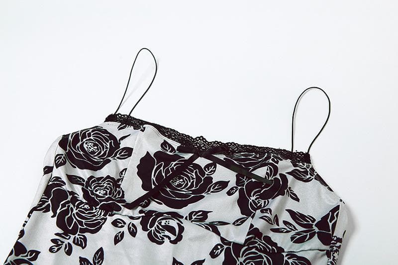 Rose print lace hem contrast spaghetti strap mini dress - View 9