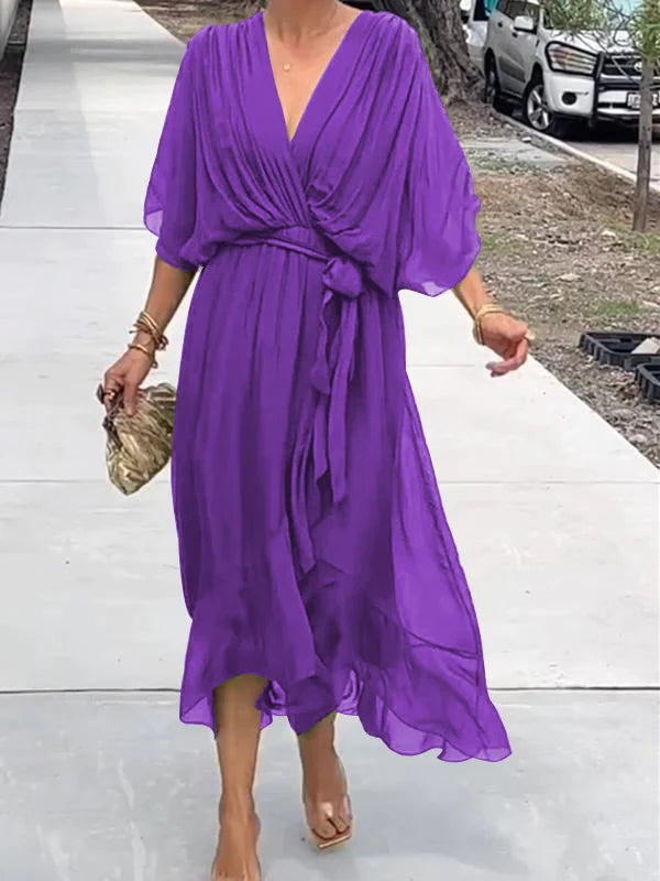 Chiffon Deep V-Neck Batwing Sleeve Tie Waist Ruffle Hem Midi Dress - View 7