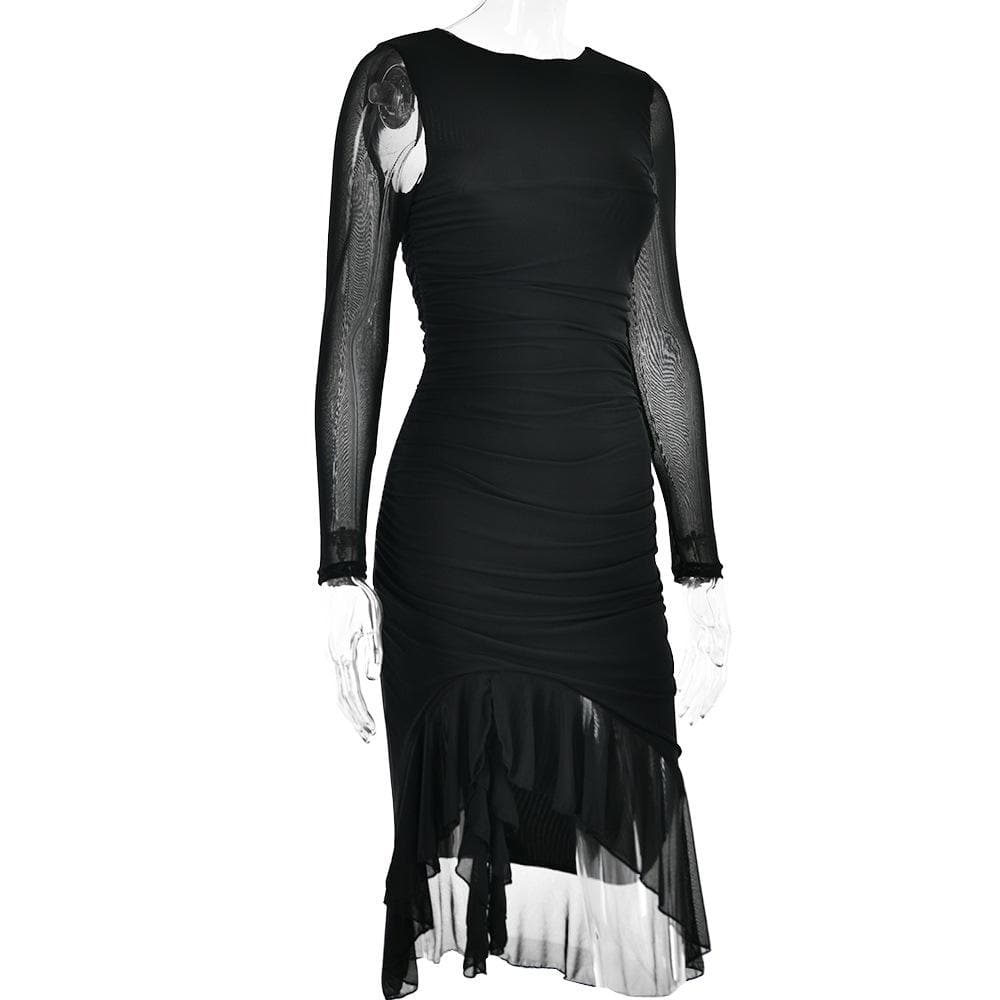 Mesh Ruched Long Sleeve Backless Ruffle Midi Dress - View 4