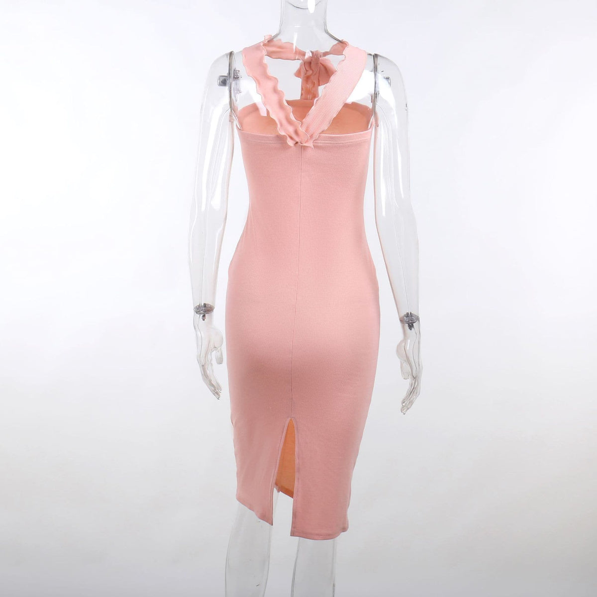 Ribbed Knit Halter Neck Flower Applique Ruffle Bodycon Midi Dress - View 9