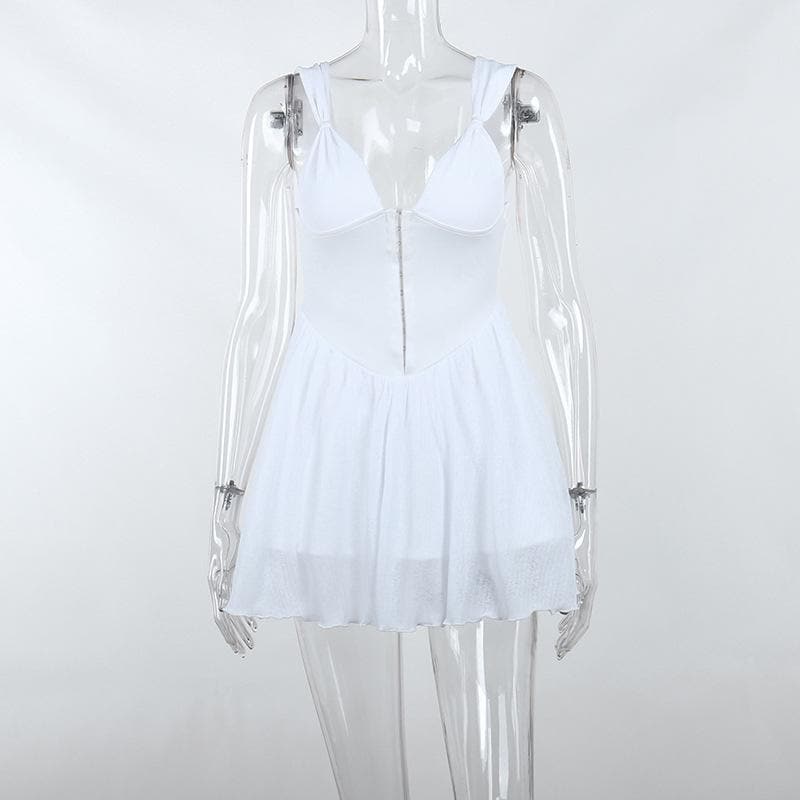 Button patchwork chiffon ruffle low cut mini dress - Final Sale - View 3