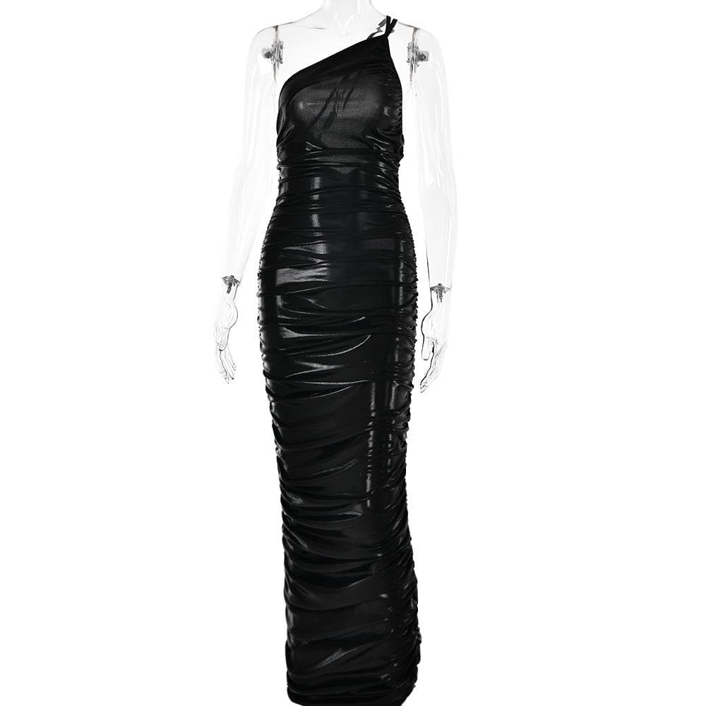 Metallic one shoulder solid ruched zip-up maxi dress - View 4