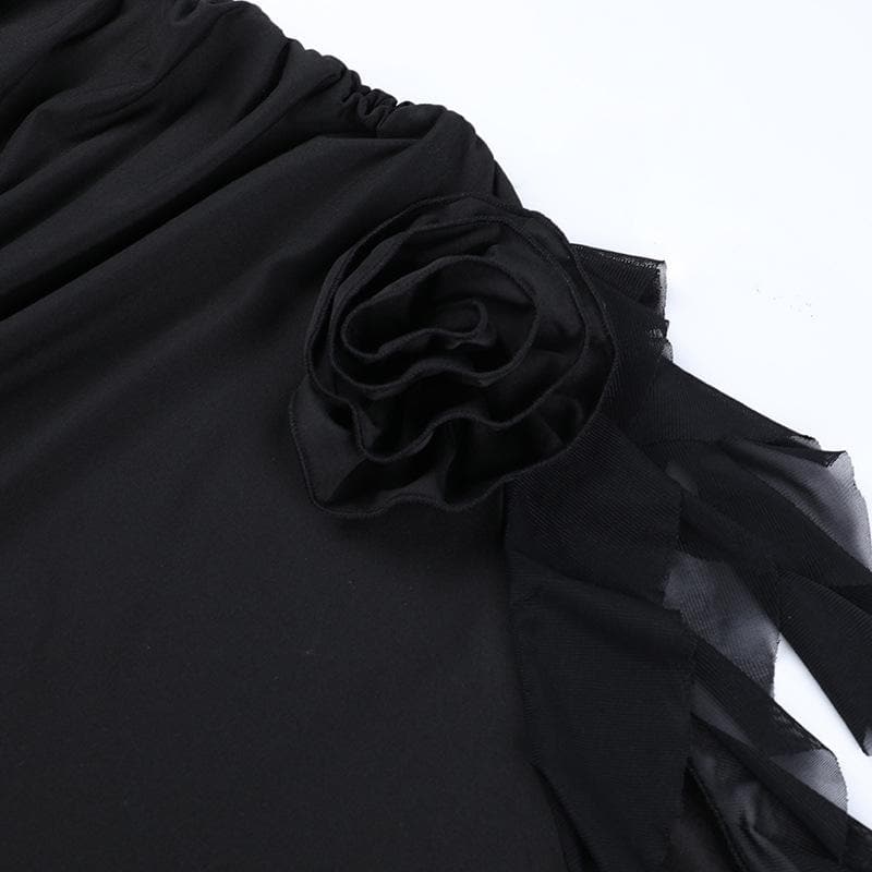 Strapless Cut Out Ruched Floral Applique High Low Midi Dress - View 9
