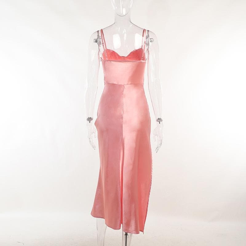 Sleeveless solid satin cowl neck slit backless zip-up cami dress - View 4