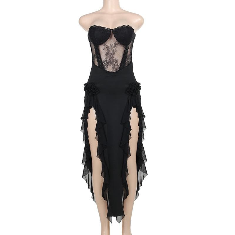 Lace Strapless Flower Applique Ruffle Backless Midi Dress - View 2