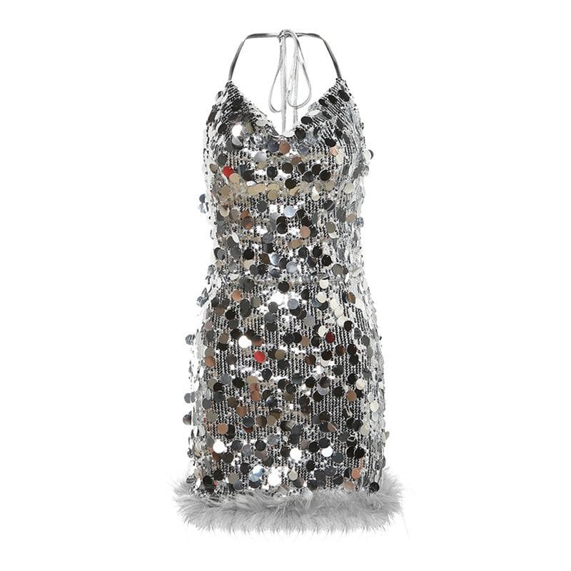 Sequin Halter Neck Fur Trim Bodycon Mini Dress - View 2