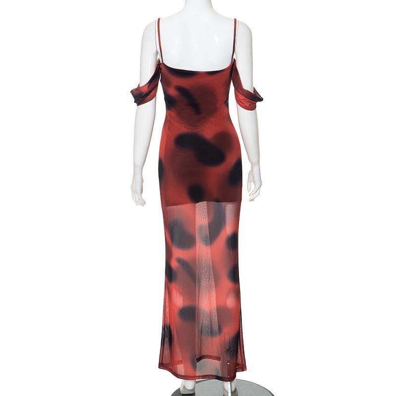 Polka dot mesh contrast off shoulder ruched cami maxi dress - View 3