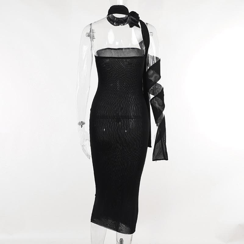 One Shoulder Rosette Tie Bodycon Maxi Dress - View 3