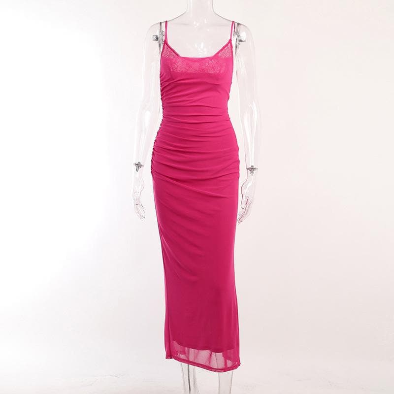 Mesh ruched slit square neck solid backless cami midi dress - View 3