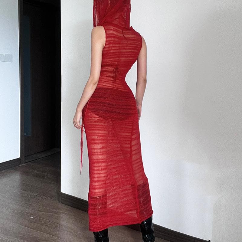 Hooded Sheer Ribbed Knit Sleeveless Bodycon Maxi Dress - View 5