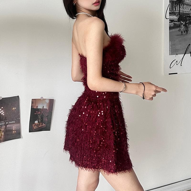 Textured glitter backless feather tube mini dress - View 10