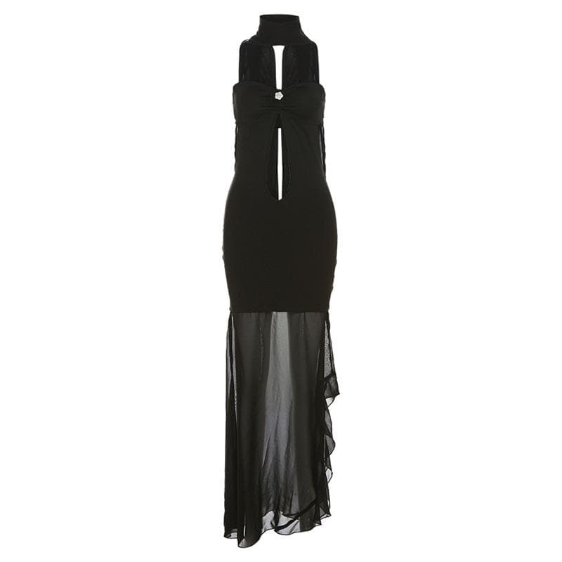 Mesh ruffle hollow out ruched backless ribbon solid tube midi dress - View 2