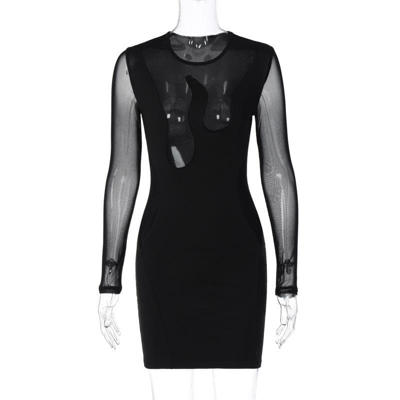 Mesh long sleeve patchwork solid mini dress - View 8