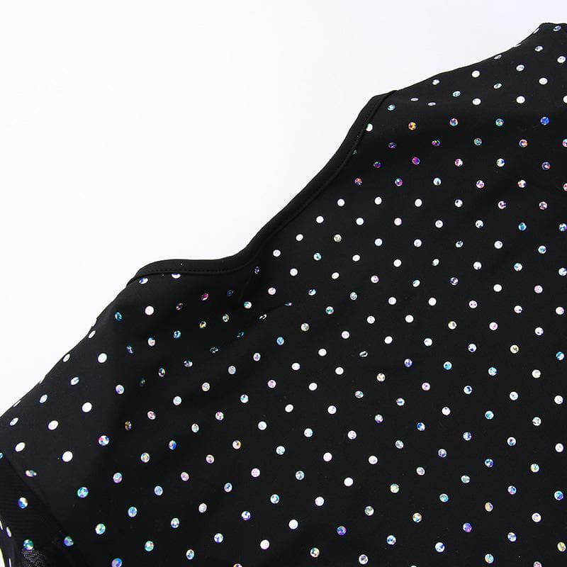 Polka dot contrast hollow out long sleeve mesh midi dress - View 6