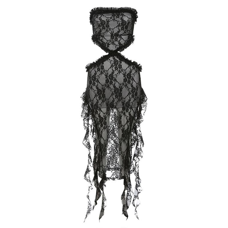 Lace ruffle solid slit hollow out backless tube midi dress - View 9