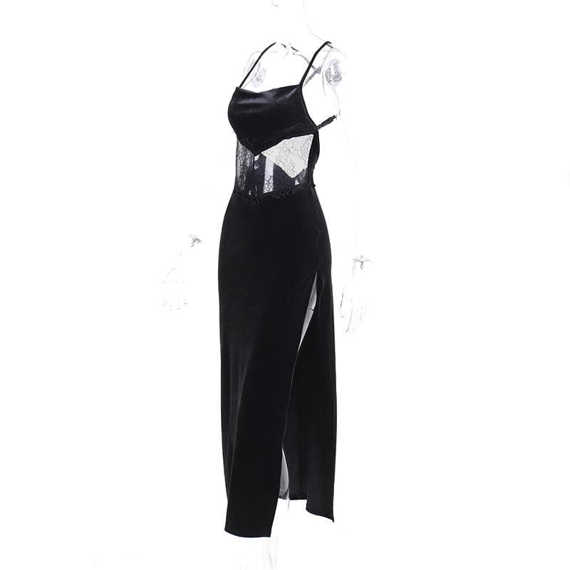 Cowl neck lace hem slit backless velvet cross back midi dress - View 4