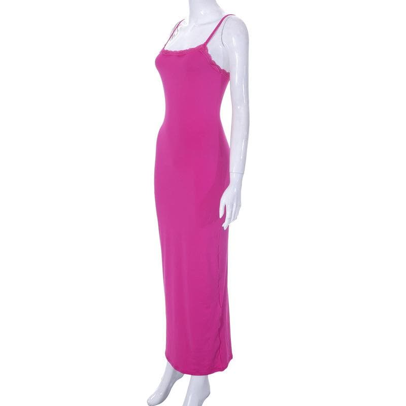 Lace hem square neck solid backless cami maxi dress - View 7