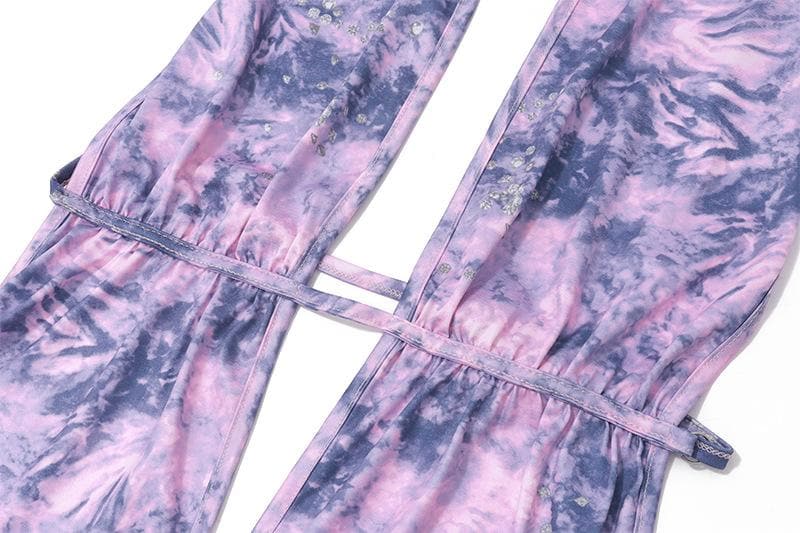 Tie Dye Halter Neck Lace Trim Ruffle Mini Dress - View 6
